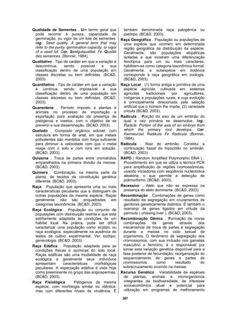 367
Qualidade de Sementes . Um termo geral que
pode recorrer à pureza, capacidade de
germinação, ou vigor de um lote de sementes.
Ing.: Seed quality. A general term that may
refer to the purity, germination capacity, or vigor
of a seed lot. Ger. Saatgutqualitat. Fr. Qualité
des semences. (Bonner, 1984).
Qualitativo . Tipo de caráter em que a variação é
descontínua, sendo possível a sua
classificação dentro de uma população em
classes discretas ou bem definidas. (BC&D,
2003).
Quantitativo . Tipo de caráter em que a variação
é contínua, sendo impossível a sua
classificação dentro de uma população em
classes discretas ou bem definidas. (BC&D,
2003).
Quarentena . Período imposto a plantas e
animais no processo de importação e
exportação para avaliação da presença de
patógenos e insetos, com o objetivo de se
prevenir a sua disseminação. (BC&D, 2003).
Quelado . Composto orgânico solúvel, com
estrutura em forma de anel, em que metais
polivalentes são mantidos com força suficiente
para diminuir a velocidade com que o metal
reage com o solo e com íons em solução.
(BC&D, 2003).
Quiasma . Troca de partes entre cromatídios
emparelhados na primeira divisão da meiose.
(BC&D, 2003).
Quimera . Combinação, na mesma parte da
planta, de tecidos de constituição genética
diferente. (BC&D, 2003).
Raça . População que apresenta uma ou mais
características peculiares que a distinguem de
outras populações da mesma espécie. Raças
geralmente não são enquadradas em
categorias taxonômicas. (BC&D, 2003).
Raça Ecológica . População ou conjunto de
populações com distribuição restrita e que está
estritamente adaptada às condições de um
habitat local. Na prática, pode ser difícil
caracterizar uma população como ecótipo ou
raça ecológica, especialmente na ausência de
testes de cultivo experimental. Ver ecótipo;
genecologia. (BC&D, 2003).
Raça Edáfica . População adaptada para as
condições físicas e químicas do solo local.
Raças edáficas são uma modalidade de raça
ecológica e geralmente seus indivíduos
apresentam características morfológicas
peculiares. A especiação edáfica é vista hoje
como preeminente no grupo das angiospermas.
(BC&D, 2003).
Raça Fisiológica . Patógenos da mesma
espécie, com morfologia similar ou idêntica,
mas com diferentes níveis de virulência. É
também denominada raça patogênica ou
patótipo. (BC&D, 2003).
Raça Geográfica . População ou populações de
uma espécie que ocorrem em determinada
região geográfica da distribuição da espécie.
Geralmente, são populações alopátricas
isoladas e que mostram uma diferenciação
fenotípica para um ou mais caracteres,
habilitam-se como categoria taxonômica formal.
Geralmente, a subespécie em botânica
corresponde à raça geográfica em zoologia.
(BC&D, 2003).
Raça Local . (1) forma antiga e primitiva de uma
espécie agrícola, cultivada em sistemas
agrícolas tradicionais por agricultores,
indígenas e populações rurais, e cuja evolução
é principalmente direcionada pela seleção
artificial que o homem lhe impõe; (2) variedade
crioula (BC&D, 2003).
Radícula . Porção do eixo de um embrião do
qual a raiz primária se desenvolve. Ing.:
Radicle. Portion of the axis of an embryo from
which the primary root develops. Ger.
Keimwurzel, Radikula. Fr. Radicule. (Bonner,
1984).
Radícula . Raiz do embrião. Constitui a
continuação basal do hipocótilo no embrião.
(BC&D, 2003).
RAPD ( Random Amplified Polymorphic DNA ) .
Procedimento em que se utiliza a técnica PCR
para amplificação de regiões cromossômicas,
usando iniciadores com seqüência nucleotídica
aleatória, o que permite a detecção de
polimorfismo. (BC&D, 2003).
Recessivo . Alelo que não se expressa na
presença do alelo dominante. (BC&D, 2003).
Recombinação . Combinações de genes como
resultado da segregação em cruzamentos de
genitores geneticamente distintos. É também o
rearranjo de genes ligados em virtude da
permuta ( crossing over ). (BC&D, 2003).
Recombinação Gênica . Formação de novas
combinações de genes através dos
mecanismos de troca de partes e segregação
durante a meiose no ciclo sexual de
organismos. O fenômeno de segregação dos
cromossomos, com sua inclusão nos gametas
masculino e feminino, é o responsável por
tornar esta variação genética disponível para a
fase posterior de fecundação; reorganização do
sequenciamento de genes e partes de
cromossomos como resultado do
sobrecruzamento ocorrido na meiose.
Recurso Genético . Variabilidade de espécies
de plantas, animais e microrganismos
integrantes da biodiversidade, de interesse
socioeconômico atual e potencial para
utilização em programas de melhoramento
 