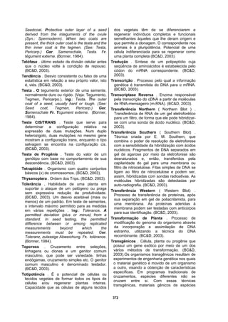 372
Seedcoat. Protective outer layer of a seed
derived from the integuments of the ovule
(Syn.: Spermoderm). When two coats are
present, the thick outer coat is the testa and the
thin inner coat is the tegmen. (See: Testa,
Pericarp.) Ger. Samenschale, Testa. Fr.
tégument externe. (Bonner, 1984).
Telófase . último estado da divisão celular antes
que o núcleo volte à condição de repouso.
(BC&D, 2003).
Tendência . Desvio consistente ou falso de uma
estatística em relação a seu próprio valor, isto
é, viés. (BC&D, 2003).
Testa . O tegumento exterior de uma semente,
normalmente duro ou rígido. (Veja: Tegumento,
Tegmen, Pericarpo.). Ing.: Testa. The outer
coat of a seed, usually hard or tough. (See:
Seed coat, Tegmen, Pericarp.) Ger.
Samenschale Fr. Tcgument externe. (Bonner,
1984).
Teste CIS/TRANS . Teste que serve para
determinar a configuração relativa na
expressão de duas mutações. Num duplo
heterozigoto, duas mutações no mesmo gene
mostram a configuração trans, enquanto o tipo
selvagem se encontra na configuração cis.
(BC&D, 2003).
Teste de Progênie . Teste do valor de um
genótipo com base no comportamento de sua
descendência. (BC&D, 2003).
Tetraplóide . Organismo com quatro conjuntos
básicos (x) de cromossomos. (BC&D, 2003).
Thysanoptera . Ordem dos Trips. (BC&D, 2003).
Tolerância . Habilidade de uma planta em
suportar o ataque de um patógeno ou praga
sem expressiva redução da produtividade.
(BC&D, 2003). Um desvio aceitável (mais ou
menos) de um padrão. Em teste de sementes,
o intervalo máximo permitido para as medidas
em várias repetições . Ing.: Tolerance. A
permitted deviation (plus or minus) from a
standard. In seed testing, the permitted
difference between or among replicated
measurements beyond which the
measurements must be repeated. Ger.
Toleranz, zulassige Abweichung. Fr. tolérance.
(Bonner, 1984).
Topcross . Cruzamento entre seleções,
linhagens ou clones e um genitor comum
masculino, que pode ser variedade, linhas
endógamas, cruzamento simples etc. O genitor
comum masculino é denominado testador.
(BC&D, 2003).
Totipotência . É o potencial de células ou
tecidos vegetais de formar todos os tipos de
células e/ou regenerar plantas inteiras.
Capacidade que as células de alguns tecidos
dos vegetais têm de se diferenciarem e
regenerar indivíduos completos e funcionais
semelhantes àqueles que lhe deram origem e
que permite a clonagem. O correspondente nos
animais é a pluripotência. Potencial de uma
célula indiferenciada para se regenerar como
uma planta completa (BC&D, 2003).
Tradução . Síntese de um polipeptídio cuja
seqüência de aminoácidos é estabelecida pelo
códon do mRNA correspondente. (BC&D,
2003).
Transcrição . Processo pelo qual a informação
genética é transmitida do DNA para o mRNA.
(BC&D, 2003).
Transcriptase Reversa . Enzima responsável
pela transcrição do cDNA a partir de moléculas
de RNA-mensageiro (m-RNA). (BC&D, 2003).
Transferência Northern ( Northern Blot ) .
Transferência de RNA de um gel eletroforético
para um filtro, de forma que ele pode hibridizar-
se com uma sonda de ácido nucléico. (BC&D,
2003).
Transferência Southern ( Southern Blot) .
Técnica criada por E. M. Southern, que
combina o poder de resolução da eletroforese
com a sensibilidade da hibridização com ácidos
nucléicos. Fragmentos de DNA separados em
gel de agarose por meio da eletroforese são
desnaturados e, então, transferidos pela
capilaridade do gel para uma membrana ou
filtro de nitrocelulose. Fitas simples de DNA se
ligam ao filtro de nitrocelulose e podem ser,
assim, hibridizadas com sondas radioativas. As
moléculas hibridizadas são detectadas por
auto-radiografia. (BC&D, 2003).
Transferência Western ( Western Blot) .
Processo de transferência de proteínas, após
sua separação em gel de poliacrilamida, para
uma membrana. As proteínas aderidas à
membrana podem ser testadas com anticorpos
para sua identificação. (BC&D, 2003).
Transformação de Planta . Processo de
modificação do genoma do organismo através
da incorporação e assimilação de DNA
estranho, utilizando a técnica do DNA
recombinante. (BC&D, 2003).
Transgênicos . Célula, planta ou progênie que
possui um gene exótico por meio de um dos
vários métodos de transformação. (BC&D,
2003).Os organismos transgênicos resultam de
experimentos de engenharia genética nos quais
o material genético é movido de um organismo
a outro, visando a obtenção de características
específicas. Em programas tradicionais de
cruzamentos, espécies diferentes não se
cruzam entre si. Com essas técnicas
transgênicas, materiais gênicos de espécies
 