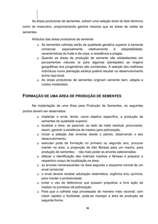 .....
39
As áreas produtoras de sementes, sofrem uma seleção tanto do lado feminino
como do masculino, proporcionando ganhos maiores que as áreas de coleta de
sementes.
Atributos das áreas produtoras de semente:
As sementes colhidas serão de qualidade genética superior à semente
comercial, especialmente relativamente à adaptabilidade,
características do fuste e da copa, e resistência a pragas.
Quando as áreas de produção de semente são estabelecidas em
povoamentos naturais (e para algumas plantações) as origens
geográficas dos progenitores são conhecidas. A seleção dos melhores
indivíduos numa plantação exótica poderá resultar no desenvolvimento
duma raça local.
As áreas produtoras de sementes originam semente bem, adapta a
custos moderados.
FORMAÇÃO DE UMA ÁREA DE PRODUÇÃO DE SEMENTES
Na implantação de uma Área para Produção de Sementes, os seguintes
pontos devem ser observados:
implantar o erval, tendo, como objetivo específico, a produção de
sementes de qualidade superior;
localizar a área, se possível, ao lado da mata residual, procurando,
assim, garantir a existência de insetos para polinização;
iniciar a seleção das erveiras desde o plantio, observando o seu
desenvolvimento;
executar poda de formação no primeiro ou segundo ano; procurar
manter na área, a proporção de três fêmeas para um macho, para
produção de sementes; · não mais podar as árvores selecionadas;
efetuar a identificação das matrizes machos e fêmeas e preparar o
respectivo croqui de localização na área;
as árvores remanescentes na área seguirão o esquema normal de um
erval comercial;
o erval deverá receber adubação sistemática, orgânica e/ou química,
para manter a produtividade;
evitar o uso de defensivos que possam prejudicar a livre ação de
insetos no processo de polinização.
Para que a colheita seja processada de maneira mais racional, com
maior rapidez e facilidade, pode-se manejar a área de produção da
seguinte forma:
 