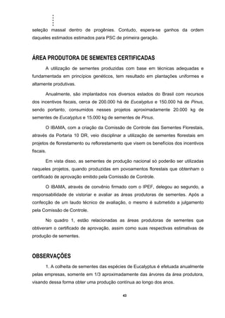 .....
43
seleção massal dentro de progênies. Contudo, espera-se ganhos da ordem
daqueles estimados estimados para PSC de primeira geração.
ÁREA PRODUTORA DE SEMENTES CERTIFICADAS
A utilização de sementes produzidas com base em técnicas adequadas e
fundamentada em princípios genéticos, tem resultado em plantações uniformes e
altamente produtivas.
Anualmente, são implantados nos diversos estados do Brasil com recursos
dos incentivos fiscais, cerca de 200.000 há de Eucalyptus e 150.000 há de Pinus,
sendo portanto, consumidos nesses projetos aproximadamente 20.000 kg de
sementes de Eucalyptus e 15.000 kg de sementes de Pinus.
O IBAMA, com a criação da Comissão de Controle das Sementes Florestais,
através da Portaria 10 DR, veio disciplinar a utilização de sementes florestais em
projetos de florestamento ou reflorestamento que visem os benefícios dos incentivos
fiscais.
Em vista disso, as sementes de produção nacional só poderão ser utilizadas
naqueles projetos, quando produzidas em povoamentos florestais que obtenham o
certificado de aprovação emitido pela Comissão de Controle.
O IBAMA, através de convênio firmado com o IPEF, delegou ao segundo, a
responsabilidade de vistoriar e avaliar as áreas produtoras de sementes. Após a
confecção de um laudo técnico de avaliação, o mesmo é submetido a julgamento
pela Comissão de Controle.
No quadro 1, estão relacionadas as áreas produtoras de sementes que
obtiveram o certificado de aprovação, assim como suas respectivas estimativas de
produção de sementes.
OBSERVAÇÕES
1. A colheita de sementes das espécies de Eucalyptus é efetuada anualmente
pelas empresas, somente em 1/3 aproximadamente das árvores da área produtora,
visando dessa forma obter uma produção contínua ao longo dos anos.
 