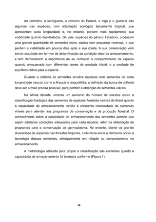 50
Ao contrário, a seringueira, o pinheiro do Paraná, o ingá e o guaraná são
algumas das espécies, com adaptação ecológica tipicamente tropical, que
apresentam curta longevidade e, no entanto, perdem mais rapidamente sua
viabilidade quando desidratadas. Os ipês, espécies do gênero Tabebuia, produzem
uma grande quantidade de sementes leves, aladas com pequenas reservas, e que
perdem a viabilidade em poucos dias após a sua coleta. A sua conservação vem
sendo estudada em termos de determinação da condição ideal de armazenamento,
e tem demonstrado a importância de se conhecer o comportamento da espécie
quando armazenada com diferentes teores de umidade inicial, e a umidade de
equilíbrio crítica para a espécie.
Quando a colheita de sementes envolve espécies com sementes de curta
longevidade natural, como a Araucária angustifólia, a definição da época de colheita
deve ser a mais precisa possível, para permitir a obtenção de sementes viáveis.
Na última década, ocorreu um aumento do número de estudos sobre a
classificação fisiológica das sementes de espécies florestais nativas do Brasil quanto
à capacidade de armazenamento devido à crescente necessidade de sementes
viáveis para atender aos programas de conservação e de produção florestal. O
conhecimento sobre a capacidade de armazenamento das sementes permite que
sejam adotadas condições adequadas para cada espécie, além da elaboração de
programas para a conservação de germoplasma. No entanto, diante da grande
diversidade de espécies nas florestas tropicais, a literatura ainda é deficiente sobre a
tecnologia dessas sementes, principalmente em relação ao comportamento no
armazenamento.
A metodologia utilizada para propor a classificação das sementes quanto à
capacidade de armazenamento foi baseada conforme (Figura 1).
 