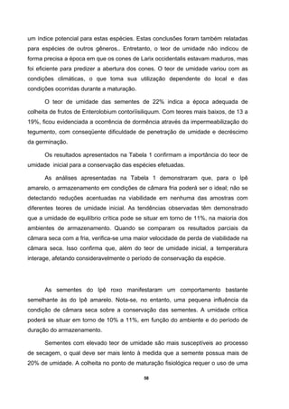 58
um índice potencial para estas espécies. Estas conclusões foram também relatadas
para espécies de outros gêneros.. Entretanto, o teor de umidade não indicou de
forma precisa a época em que os cones de Larix occidentalis estavam maduros, mas
foi eficiente para predizer a abertura dos cones. O teor de umidade variou com as
condições climáticas, o que toma sua utilização dependente do local e das
condições ocorridas durante a maturação.
O teor de umidade das sementes de 22% indica a época adequada de
colheita de frutos de Enterolobium contorïisiliquum. Com teores mais baixos, de 13 a
19%, ficou evidenciada a ocorrência de dormência através da impermeabilização do
tegumento, com conseqüente dificuldade de penetração de umidade e decréscimo
da germinação.
Os resultados apresentados na Tabela 1 confirmam a importância do teor de
umidade inicial para a conservação das espécies efetuadas.
As análises apresentadas na Tabela 1 demonstraram que, para o Ipê
amarelo, o armazenamento em condições de câmara fria poderá ser o ideal; não se
detectando reduções acentuadas na viabilidade em nenhuma das amostras com
diferentes teores de umidade inicial. As tendências observadas têm demonstrado
que a umidade de equilíbrio crítica pode se situar em torno de 11%, na maioria dos
ambientes de armazenamento. Quando se comparam os resultados parciais da
câmara seca com a fria, verifica-se uma maior velocidade de perda de viabilidade na
câmara seca. Isso confirma que, além do teor de umidade inicial, a temperatura
interage, afetando consideravelmente o período de conservação da espécie.
As sementes do Ipê roxo manifestaram um comportamento bastante
semelhante às do Ipê amarelo. Nota-se, no entanto, uma pequena influência da
condição de câmara seca sobre a conservação das sementes. A umidade crítica
poderá se situar em torno de 10% a 11%, em função do ambiente e do período de
duração do armazenamento.
Sementes com elevado teor de umidade são mais susceptíveis ao processo
de secagem, o qual deve ser mais lento à medida que a semente possua mais de
20% de umidade. A colheita no ponto de maturação fisiológica requer o uso de uma
 