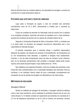.....
73
final da semente (teor de umidade objetivo), da velocidade de secagem, aumento da
corrente de ar e pela temperatura deste ar.
FATORES QUE AFETAM O TEOR DE UMIDADE
Logo após a formação do zigoto, o teor de umidade das sementes
normalmente varia de 70 a 80%, decrescendo à medida que a semente se
desenvolve.
O teor de umidade da semente na maturação varia de acordo com a espécie
e as condições climáticas, reduzindo até entrar em equilíbrio com o meio ambiente,
quando fica oscilando de acordo com os valores de umidade relativa do ar.
Segundo a Companhia Estadual de Silos e Armazéns (1974), a umidade que
o ar pode ceder no processo de secagem encontra-se relacionada com a sua
capacidade de retenção de água.
O período necessário para a semente atingir o equilíbrio higroscópico
depende da espécie, da natureza da semente e principalmente, da temperatura do
ar. Em temperaturas mais elevadas, o equilíbrio é atingido mais rapidamente.
Contudo, o uso de altas temperaturas deve ser feito de maneira muito criteriosa,
pois, se as sementes apresentarem alta umidade, a secagem rápida pode causar
injúrias como perda de germinação e vigor (Delouche et al., 1974).
Nos trabalhos com espécies florestais, o teor de umidade das sementes e dos
frutos têm sido correlacionados com a maturação fisiológica das sementes. Para as
coníferas, é um indicador menos usado do que a densidade, principalmente por
necessitar do uso de estufas de secagem em laboratórios e de maior tempo.
MÉTODOS DE SECAGEM
Secagem Natural
Dentre os métodos de secagem de sementes, a secagem natural se destaca
como o tipo mais econômico, pois é realizada no ambiente natural (uso do sol e do
vento) (Figura 1). O método consiste em esparramar as sementes em camadas de 3
a 5 cm de espessura (sementes) ou de 5 a 20 cm (frutos). As sementes, durante
 