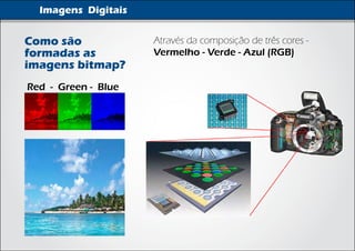 Imagens Digitais


Como são             Através da composição de três cores -
formadas as          Vermelho - Verde - Azul (RGB)
imagens bitmap?
Red - Green - Blue
 