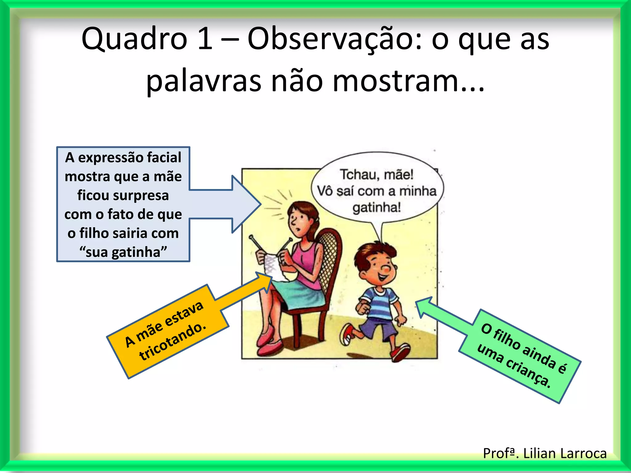 Quadro 1 – Observação: o que as
     palavras não mostram...

A expressão facial
mostra que a mãe
  ficou surpresa
com o fato de que
o filho sairia com
  “sua gatinha”




                            Profª. Lilian Larroca
 