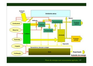 Subsídio de energia 
Ambiente aéreo 
Solo 
Animais 
Senescência, doenças e pragas 
Produtos 
vegetais 
Produtos 
animais 
Dejecções 
Radiação 
solar 
Reflexão 
Metano 
Processamento 
Conservação 
Colheita 
Combustível 
Máquinas 
Pesticidas 
Irrigação 
Fertilização 
Exportação 
Cultura 
Fluxo de energia num ecossistema agrícola | 17 
 