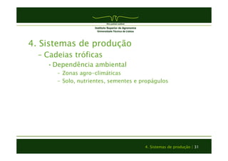 4. Sistemas de produção | 31 
4. Sistemas de produção 
– Cadeias tróficas 
• Dependência ambiental 
– Zonas agro-climáticas 
– Solo, nutrientes, sementes e propágulos 
 