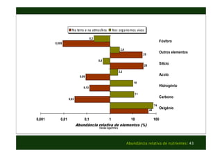 46 
Na 
terra 
e 
na 
atmosfera Nos 
organismos 
vivos 
25 
10 
Fósforo 
Outros elementos 
Silício 
Azoto 
Hidrogénio 
Carbono 
Abundância relativa de nutrientes| 43 
0,03 
0,09 
0,13 
28 
0,009 
74 
11 
2,2 
0,5 
2,6 
0,2 
0,001 0,01 0,1 1 10 100 
Oxigénio 
Abundância relativa de elementos (%) 
Escala logarítmica 
 