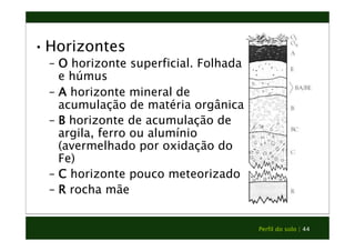 Perfil do solo | 44 
• Horizontes 
– O horizonte superficial. Folhada 
e húmus 
– A horizonte mineral de 
acumulação de matéria orgânica 
– B horizonte de acumulação de 
argila, ferro ou alumínio 
(avermelhado por oxidação do 
Fe) 
– C horizonte pouco meteorizado 
– R rocha mãe 
 