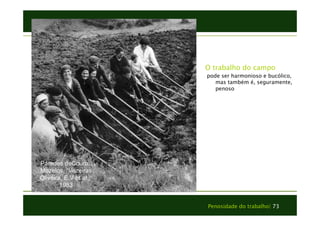 O trabalho do campo 
pode ser harmonioso e bucólico, 
mas também é, seguramente, 
penoso 
Penosidade do trabalho| 73 
Paredes deCoura, 
Mozelos. “Vezeiras 
Oliveira, E.V et al., 
1983 
 