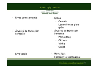 Principais produções vegetais | 9 
• Ervas com semente 
• Árvores de fruto com 
semente 
• Erva verde 
• Grãos 
• Cereais 
• Leguminosas para 
grão 
• Árvores de fruto com 
semente 
• Pomóideas 
• Citrinos 
• Vinha 
• Olival 
• Hortaliças 
• Forragens e pastagens 
 
