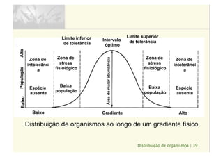 Distribuição de organismos | 39
Distribuição de organismos ao longo de um gradiente físico
Zona de
intolerânci
a
Espécie
ausente
Baixa
população
Baixa
população
Zona de
stress
fisiológico
Zona de
stress
fisiológico
Zona de
intolerânci
a
Espécie
ausente
Baixo AltoGradiente
Intervalo
óptimo
Limite superior
de tolerância
Limite inferior
de tolerância
PopulaçãoBaixoAlto
Áreademaiorabundância
 
