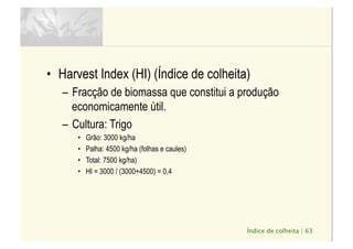 Índice de colheita | 63
•  Harvest Index (HI) (Índice de colheita)
–  Fracção de biomassa que constitui a produção
economicamente útil.
–  Cultura: Trigo
•  Grão: 3000 kg/ha
•  Palha: 4500 kg/ha (folhas e caules)
•  Total: 7500 kg/ha)
•  HI = 3000 / (3000+4500) = 0,4
 