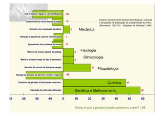 Como é que a produtividade aumentou assim? | 69
58
47
21
8
8
5
-23
-8
-7
-8
-28
-40 -30 -20 -10 0 10 20 30 40 50 60 70
Introdução de cultivares melhoradas
Acréscimo de aplicação de fertilizantes comerciais
Redução da aplicação de estrumes e matéria orgânica
Aumento do controlo de doenças e paragas
Melhoria da determinação da data de sementeira
Melhoria do arranjo espacial das plantas
Agravamento dos problemas de erosão
Alteração de sequências culturais (Intensificação)
Acréscimo de mecanização da cultura
Aparecimento de novas doenças e pragas
Outros factores negativos não identificados
Genética e Melhoramento
Química
Fitopatologia
Fisiologia
Climatologia
Mecânica
Impacto percentual de factores tecnológicos, culturais
e de gestão na duplicação da produtividade do milho.
(Minnesota, 1930-79) . Adaptado de Stoskopf (1984)
 