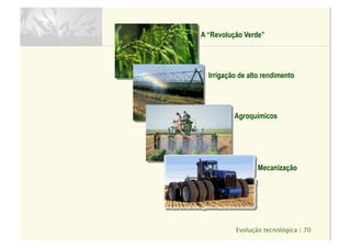 Evolução tecnológica | 70
A “Revolução Verde”
Irrigação de alto rendimento
Agroquímicos
Mecanização
 