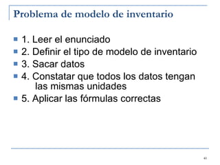 Problema de modelo de inventario 1. Leer el enunciado 2. Definir el tipo de modelo de inventario 3. Sacar datos 4. Constatar que todos los datos tengan  las mismas unidades 5. Aplicar las fórmulas correctas 