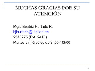 MUCHAS GRACIAS POR SU ATENCIÓN Mgs. Beatriz Hurtado R. [email_address] 2570275 (Ext. 2410) Martes y miércoles de 8h00-10h00 