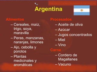 Argentina <ul><li>Alimentos </li></ul><ul><ul><li>Cereales, maíz, trigo, soya, maravilla </li></ul></ul><ul><ul><li>Peras,...
