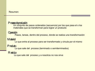 Un conjunto de pasos ordenados (secuencia) por los que pasa el o los materiales que se transforman para lograr un producto Resumen: Proceso de producción Operación Pasos, tareas, dentro del proceso, donde se realiza una transformación Material Lo que entra al proceso para ser transformado y circula por el mismo Lo que sale del  proceso (terminado o semiterminados) Producto Residuo Lo que sale del  proceso y a nosotros no nos sirve 