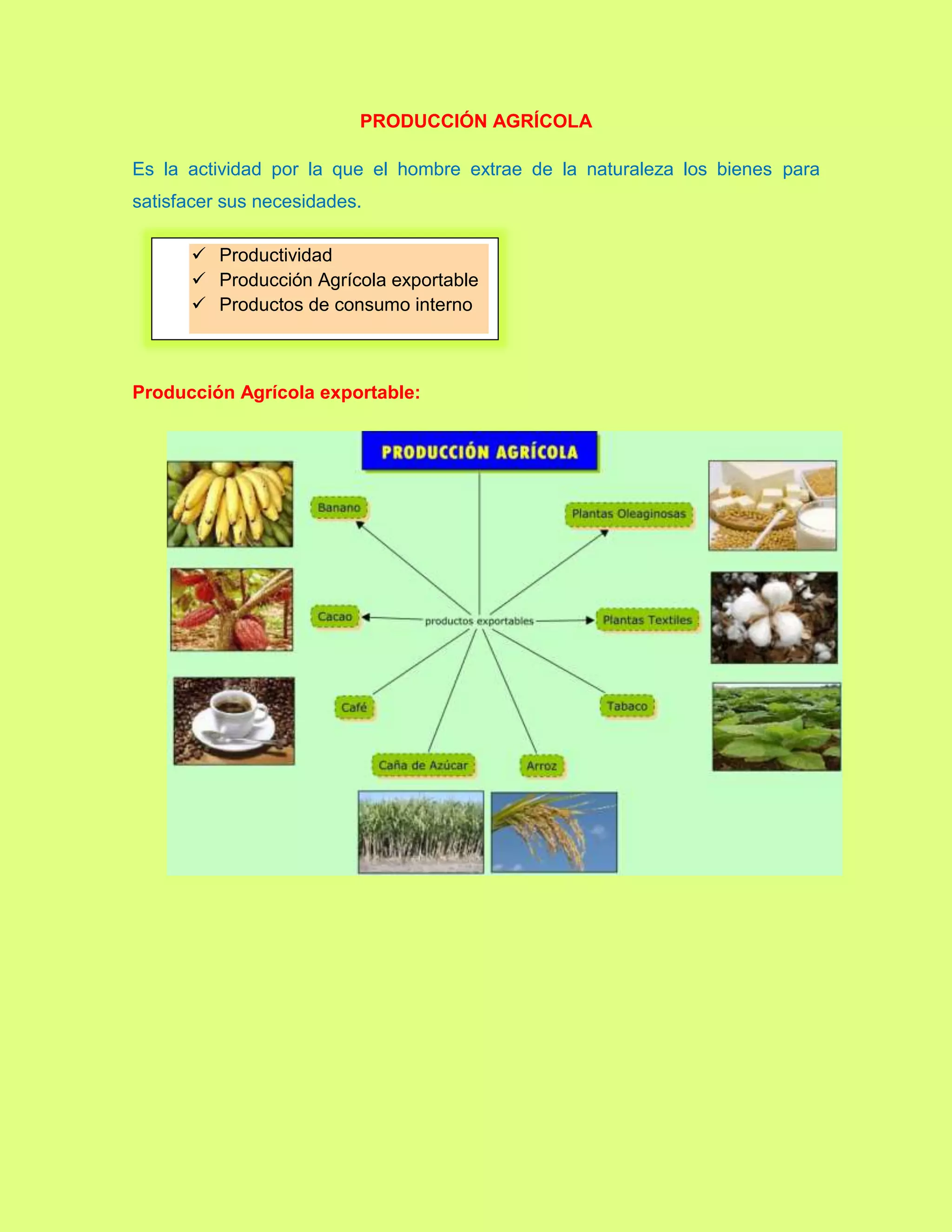 PRODUCCIÓN AGRÍCOLA
Es la actividad por la que el hombre extrae de la naturaleza los bienes para
satisfacer sus necesidades.
Producción Agrícola exportable:
 Productividad
 Producción Agrícola exportable
 Productos de consumo interno
 