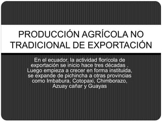 En el ecuador, la actividad florícola de exportación se inicio hace tres décadas . Luego empieza a crecer en forma instituida, se expande de pichincha a otras provincias como Imbabura, Cotopaxi, Chimborazo, Azuay cañar y Guayas  PRODUCCIÓN AGRÍCOLA NO TRADICIONAL DE EXPORTACIÓN  