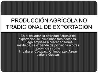 En el ecuador, la actividad florícola de exportación se inicio hace tres décadas . Luego empieza a crecer en forma instituida, se expande de pichincha a otras provincias como Imbabura, Cotopaxi, Chimborazo, Azuay cañar y Guayas  PRODUCCIÓN AGRÍCOLA NO TRADICIONAL DE EXPORTACIÓN  