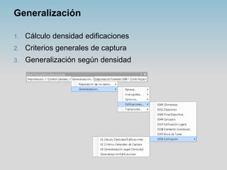 Generalización
1. Cálculo densidad edificaciones
2. Criterios generales de captura
3. Generalización según densidad
 