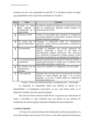 Producción científica 2008-2013

reunieran con uno o dos responsables de cada IES. Y el calendario mínimo de trabajo
que propondríamos sería el que hemos sintetizado en el cuadro 2.

Paso

Fecha

Contenido

1

Cuando se reúnan
para preparar la
coordinación de la
selectividad.
De Enero a Abril.

Acordar los modelos de traspaso de la información y qué
tipo de competencias generales podría preparar el
profesorado de los IES.

2
3
4

5
6
7

Visitar la Universidad para incentivar la maduración
vocacional, preparar la selectividad e informar sobre las
distintas opciones académicas.
Al tiempo que se Traspasar la información sobre las competencias
realiza selectividad.
generales y sobre intereses profesionales y académicos
de todo el alumnado.
En Septiembre.
Acogida al alumnado, que incluya asignación de
tutor/es, bienvenida y puesta al día sobre el
funcionamiento general (incluyendo web, servicios,
etc.), ubicación (y transportes, vivienda, ayudas) y crear
conciencia de pertenencia, de inclusión en la institución.
A lo largo del primer Realizar seguimiento para ajustar los temas de estudio y
cuatrimestre.
organización personal, al tiempo que se exploran otras
necesidades, personales, sociales, etc.
En Febrero, tras las Valorar los resultados y la adaptación a la Universidad.
calificaciones
iniciales.
Curso siguiente.
Informar sobre la transición de esta promoción a los IES
durante la sesión plenaria del paso 1 en el curso
siguiente, en el que se podría hablar de abandonos,
resultados globales, etc.
Cuadro 2. Proceso de transición discente. Coordinación IES – Universidad
La asignación de responsables habría que definirla en función de la

disponibilidad y el organigrama universitario, ya que, como hemos dicho, en la
Educación secundaria este tema está más legislado.
Esta sería una forma sencilla de darle forma a un proyecto que, básicamente en
cuanto a actividades se viene realizando, pero que adolece de una estructura de
coordinación de todos los agentes implicados trabajando de forma colaborativa.

4. CONCLUSIONES
A lo largo de la exposición hemos ido introduciendo conclusiones puntuales a la
luz de determinadas intervenciones. Por lo tanto, en este último apartado del documento

 