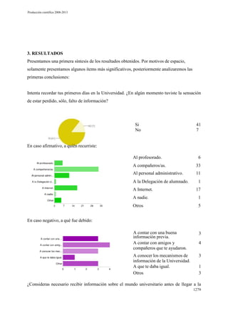 Producción científica 2008-2013

3. RESULTADOS
Presentamos una primera síntesis de los resultados obtenidos. Por motivos de espacio,
solamente presentamos algunos ítems más significativos, posteriormente analizaremos las
primeras conclusiones:

Intenta recordar tus primeros días en la Universidad. ¿En algún momento tuviste la sensación
de estar perdido, sólo, falto de información?

Si
No

41
7

En caso afirmativo, a quién recurriste:
Al profesorado.

6

A compañeros/as.

33

Al personal administrativo.

11

A la Delegación de alumnado.
A Internet.

1
17

A nadie.

1

Otros

5

A contar con una buena
información previa.
A contar con amigos y
compañeros que te ayudaron.

3

A conocer los mecanismos de
información de la Universidad.
A que te daba igual.
Otros

3

En caso negativo, a qué fue debido:

4

1
3

¿Consideras necesario recibir información sobre el mundo universitario antes de llegar a la
1279

 