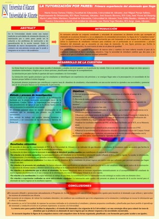 La forma lineal en la que en otras etapas accedía el alumnado a sus estudios superiores y a la profesión ha variado. Este es un motivo más para estudiar e indagar en cómo apoyar a estudiantes desbordados y frágiles por su futuro próximo y por su construcción personal, planificando estrategias de acompañamiento.
Producción científica 2008-2013

LA TUTORIZACIÓN POR PARES: Primera experiencia del alumnado que llega
María Teresa Tortosa Ybáñez, Facultad de Educación, Universidad de Alicante; José Miguel Pareja Salinas,
Departamento de Orientación, IES Mare Nostrum, Alicante; José francés Herrera, IES Gaia, Sant Vicent del Raspeig;
María Luisa Oltra Martínez, Facultad de Educación, Universidad de Alicante; Neus Pellín Buades, Alumna de Grado
Maestro Educación Infantil, Universidad de Alicante; Ana María Vega Morales, IES Jorge Juan, Alicante.

ABSTRACT
En la Universidad, donde existe una menor
tradición en actividades de orientación discente, la
tutorización por o entre pares puede ser la
solución a los problemas de motivación y de
generalización de la acción tutorial. Entre el
alumnado de nueva incorporación posibilita el
contacto con una persona cercana que le ayude a
integrarse en su nueva vida académica.

INTRODUCCIÓN
Es necesario articular un conjunto coordinado y articulado de actuaciones en distintos niveles que acompañe al
alumnado en su proceso formativo y en su adaptación a la comunidad universitaria. La figura de la “compañera tutora”
y del “compañero tutor” es una modalidad de tutorización que está instaurada en otros tramos de la enseñanza y que
utiliza la experiencia de estudiantes veteranos para colaborar con el profesorado en el asesoramiento y proceso
formativo del alumnado que se encuentra en una etapa de transición. Es una figura próxima que facilita la
comunicación, la interacción y la convivencia al estar en un plano de igualdad.
Los acontecimientos han marcado el comienzo de nuevos retos y cambios sin tener todavía resuelto el paso de la
enseñanza tradicional al nuevo paradigma educativo. Urge la necesidad de introducir cambios que den paso a un
modelo en el que el estudiante adquiera un papel primordial.

DESARROLLO DE LA CUESTIÓN
La forma lineal en la que en otras etapas accedía el alumnado a estudios de nivel superior y a la profesión ha variado. Este es un motivo más para indagar en cómo apoyar a
estudiantes desbordados y frágiles por su futuro próximo, planificando estrategias de acompañamiento.
La tutorización por pares facilita la apertura del nuevo estudiante a la Universidad.
La interacción entre iguales promueve que los estudiantes se identifiquen con experiencias más próximas y se consigue llegar antes a la preocupación y/o necesidades de los
mismos porque hablan el mismo lenguaje.
Se pretende plantear propuestas que contribuyan a superar tasas de abandono de estudiantes, relacionándolas con una acción tutorial no ajustada a sus necesidades y potenciar
uno de los principios básicos en la orientación, la prevención.

Objetivos:
Método y proceso de investigación:
Nuestro estudio se ha apoyado básicamente en la información
facilitada por la propia institución universitaria través de la
herramienta Campus Virtual. La importancia que otorgamos a
este procedimiento de apoyo es que es la misma fuente con la
que se encuentra la comunidad universitaria.
El elemento personal clave en nuestra investigación es el
estudiante que se incorpora por primera vez al ámbito
universitario.
Este método de trabajo nos permite detectar fortalezas y
debilidades y ser conscientes de las dificultades y barreras de
forma real.

1.- Revisar propuesta normativa a nivel estatal y autonómico en relación al campo de la
orientación.
2.- Revisión de trabajos relacionados con la estrategia de tutorización por pares.
3.-Observar y estudiar el contexto en el que estamos inmersos, cuya finalidad es “aprender de
nosotros” .
Los objetivos para este propósito han sido:
•Partir de las investigaciones realizadas en la red en las que se detectaron insuficiencias en la
orientación ejercida al estudiante.
•Observar y reflexionar acerca de los datos facilitados por la Unidad Técnica de Calidad de la
Universidad de Alicante, en relación a las tasas de rendimiento académico Verificación del
Título (VERIFICA) y Seguimiento del Título (AVAP).
•Analizar los resultados obtenidos del PAT, en los datos facilitados por el ICE, en su Memoria
anual.
•Estudiar la organización y planificación propuesta del alumnado inscrito en el PAT.
•Observar la accesibilidad de la información ofrecida al estudiante a través del Campus Virtual.
4.- Observar y estudiar otros contextos, con prácticas en la acción tutorial relacionadas con la
tutorización entre pares, cuya finalidad es “aprender de otros”.

Resultados obtenidos:
El recorrido al alza que ha experimentado el PAT de la Universidad de Alicante es un indicador de que docentes y estudiantes lo reconocen como un recurso que facilita la
ayuda y la orientación en el tránsito por la enseñanza universitaria.
La obtención de datos realizada ha detectado la necesidad de introducir posibles cambios que contribuyan a la mejora de la orientación:
•En relación a la revisión normativa: La participación activa del estudiante en su formación y orientación queda reflejada en la normativa vigente. La ayuda, la información,
el asesoramiento y la orientación son derechos reconocidos en nuestro sistema de enseñanza (LOU, 2001)
•En relación al rendimiento académico: Los datos de tasa de abandono de los estudiantes de primer ingreso son motivo más que suficiente para prevenir acciones que hagan
reducir este dato.
•En relación a la presencia del estudiante: No hemos obtenido datos significativos en relación a la participación activa del estudiante como agente activo de la tutorización.
La presencia de alumnas tutoras y alumnos tutores no se refleja en la organización de la acción tutorial.
•En relación a la información que se ofrece al alumnado: No hemos encontrado datos en acciones organizadas sistemáticamente en el acompañamiento del estudiante de
nuevo ingreso a la orientación en el uso y manejo de la información, ni a través del Campus Virtual ni en otro soporte.
•En relación a la coordinación: En etapas inferiores se trabaja en esta línea. La coordinación para la continuidad en esta estrategia se realza como un elemento clave.
•En relación a experiencias realizadas en otras universidades españolas: La tutorización entre iguales está presente en planes de actuación de la acción tutorial para el
alumnado de nuevo ingreso en la enseñanza superior.

CONCLUSIONES
Es necesario difundir y promocionar adecuadamente el Programa de Acción Tutorial y en especial el de Tutoría entre iguales para incentivar al alumnado a que utilicen y aprovechen
los recursos de orientación con eficacia.
Es momento de no relajarse, de valorar los resultados obtenidos y de establecer una coordinación que evite solapamientos en la orientación y multiplique en exceso la información que
se ofrece al alumnado.
Es momento ya, en la Universidad, de repensar las acciones realizadas en la orientación al estudiante y plantear propuestas coordinadas y planificadas para hacer posible el aprendizaje
del alumnado y conducirle al éxito en su primera experiencia: su acceso a la Universidad.
La tutoría entre pares podría facilitar la adaptación y el tránsito del alumnado a las exigencias de la Universidad y ser una estrategia eficaz para reducir las tasas de
abandono que se producen en alumnado de nuevo ingreso por no obtener respuesta a las necesidades encontradas.
Es necesario impulsar la figura de la compañera tutora o del compañero tutor de forma organizada, planificada y con formación para poder ayudar a sus iguales..

 