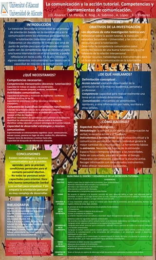 La comunicación y la acción tutorial. Competencias y
herramientas de comunicación.

Producción científica 2008-2013

J.D. Álvarez; J.M. Pareja, R. Roig , A. Sabroso , A. López , F. J. Ramírez.
INTRODUCCIÓN
La transición Secundaria-Universidad es un proceso
de orientación basado en la coordinación y en la
comunicación entre los elementos participantes en
la tutorización (relaciones personales).
Elaboramos un documento de síntesis que sirva de
punto de partida para que el profesorado entienda
cuales son las competencias básicas necesarias para
una buena interrelación en el acto tutorial, y pueda
reflexionar en torno a ello. Y a la vez, introducir
algunos elementos instrumentales que favorezcan la
capacidad de relación y de comunicación.

Competencias transversales (docencia- tutorización):
Capacidad de trabajo en equipo y de coordinación.
Capacidad de relación (empatía, madurez, sociabilidad, …).

Habilidades comunicativas.
Capacidad de detección y resolución de problemas - conflictos.
Habilidad en el uso de las TIC.
Capacidad de seleccionar y aplicar recursos y estrategias de
orientación.

Competencias específicas (orientación-tutorización):
Entender los principios básicos de la orientación y tutoría.
Conocer la realidad universitaria y su problemática específica.
Conocer el Plan de Estudios.
Identificar necesidades de aprendizaje para optimizar el rendimiento.
Identificar las alternativas que se ofrecen sobre la formación.
Identificar salidas laborales y conocer estrategias de inserción laboral.

Capacidad de desarrollar estrategias y recursos
comunicativos

CONCLUSIONES

El presente trabajo se enmarca en el seno del Grupo de
Investigación “EDUTIC-ADEI” (Ref.: Vigrob-039), del Grupo de
Investigación e Innovación en Tecnología Educativa (GITE)
“EDUTIC-ADEI-EDAFIS” (Ref. GITE-09004-UA), y del Programa
de Redes de Investigación en Docencia Universitaria del ICE,
todos ellos de la Universidad de Alicante (UA)

Acción tutorial: elemento dinamizador de la
orientación en la formación académica, personal y
profesional.
Competencia: capacidad para realizar realmente una
tarea en un contexto determinado.
Comunicación: intercambio de sentimientos,
opiniones, u otra información por habla, escritura u
otras señales.

¿CÓMO HACERLO?
Aspectos metodológicos .

Experimentado en entrenamiento cognitivo: sacar consecuencias,
extraer causas, ponerse en lugar de otro, medios-fin, alternativas.
Preparar toma de decisiones y motivar hacia ello.
Capacidad de búsqueda de información relevante.

Álvarez, J.D. (2013). La entrevista personal:
recursos de comunicación en la acción
tutorial. Universidad de Jaén.
Álvarez, P. (2002). La función tutorial en la
Universidad. Madrid: EOS.
Arnáiz, P. e Isus, S. (1995). La entrevista
tutorial. En: La tutoría, organización y tareas,
Barcelona, Graó, pp. 95-155.
Rodríguez, S. (coord.) (2005). Manual de
tutoría universitaria. Recursos para la acción.
Barcelona: Ed. Octaedro/ICE UB.

Reflexionar sobre la acción tutorial, la transición
educativa Secundaria – Universidad, y las competencias
necesarias para la tutorización.
Desarrollar la competencia comunicativa como
elemento básicos de una buena tutorización, y como
referente de la relación interpersonal.
Plantear recursos metodológicos e instrumentales para
un buen uso de la comunicación en la tutorización.

Delimitación conceptual .

Competencias necesarias .

BIBLIOGRAFIA

Los objetivos de esta investigación teórica son:

¿DE QUÉ HABLAMOS?

¿QUÉ NECESITAMOS?

Existen metodologías y recursos
comunicativos que se pueden
aprender, pero se precisan
condiciones personales para el
contacto personal efectivo.
No todas las personas están
capacitadas para orientar. Hace
falta buena comunicación (verbal
y no verbal) para empatizar. Y sin
empatía la orientación personal
es muy compleja de desarrollar.

OBJETIVOS DE LA INVESTIGACIÓN

Metodología: la comunicación verbal, la comunicación no
verbal, la escucha activa, y el feedback.
instrumentos o herramientas: la comunicación virtual y la
comunicación personal (el contacto individual genera la
mayor cantidad de comunicación). La herramienta básica:
la entrevista. Necesidades básicas de la entrevista:
Espacio físico y temporal adaptado a las necesidades.
Debe ser concertada, para evitar perder el tiempo.
Prepararse con antelación, y practicar la escucha activa.
Recoger información con determinados instrumentos.
Y debe ofrecer respuestas y propuestas.

GUÍA PARA EL DISEÑO Y DESARROLLO DE LA ENTREVISTA TUTORIAL
ASPECTO
OBJETIVO

SUGERENCIAS
Definir y tener claro el objetivo de la entrevista; ¿qué pretendemos?:
•Obtener información del alumnado y sus condiciones.
•Orientar o dar información al alumnado.
•Intervención a petición del interesado,
•De planeación y compromiso para acciones futuras.

LUGAR

De acuerdo al objetivo y la situación concreta del caso, debemos definir el lugar mas adecuado para la
entrevista: el centro, en un lugar formal como un aula / despacho, o informal como la cafetería. También puede
ser en la casa del estudiante o un lugar informal como un café.

MATERIAL A
UTILIZAR

Es muy importante prever y tener el material para desarrollar la entrevista: plan de entrevista, formato de
registro, libreta de notas, lápiz, etcétera.

INICIO
DE LA
ENTREVISTA

Al principio de la entrevista tenemos tres propósitos fundamentales:
1.Presentarnos.
2.Presentar y aclarar el objetivo de la entrevista
3.Crear un ambiente de confianza.
Lo anterior requiere actuar con soltura y sinceridad. Seguir las sugerencias del siguiente apartado.

DESARROLLO
DE LA
ENTREVISTA

Debemos cuidar los siguientes aspectos conductuales:
-De acuerdo a los objetivos definir actitud a tomar en la entrevista: exploradora, tranquilizadora, empática, etc.
-Lenguaje verbal: adecuar el vocabulario a los sujetos y las circunstancias.
-Lenguaje para-verbal: procurar que la entonación, volumen, ritmo y silencios de nuestra voz inspiren confianza
y no resulten amenazantes.
-Lenguaje no verbal: nuestra postura corporal, gestos y ademanes pueden indicar interés y confianza o todo lo
contrario, la autoobservación y los comentarios del entrevistado o un observador ayudan a desarrollar
habilidades en este rubro.
-Atención empática con el entrevistado: la autenticidad en el interés del tutor y su empeño en ponerse en los
"zapatos del otro", es la mejor garantía para lograr una buena comunicación.

CIERRE
DE LA
ENTREVISTA

Finalmente se deben abordar tres cuestiones:
•Resumen de lo tratado en la entrevista.
•Clarificación y anotación de acuerdos tomados y compromisos.
•Fijación de siguiente entrevista.

REGISTRO DE
DATOS

Tener un formato de registro de datos que señale los puntos mas importantes a anotar y evite olvidos.

 