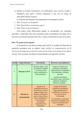 Producción científica 2008-2013

c) Generar un modelo comunicativo, con publicidad y otros recursos sociales y
telemáticos, para darlo a conocer anualmente y que sirva de medio de
intercambio durante el proces
La estructura del Programa esta organizada en tres apartados o planes:
1. Plan “Te ayudo con los papeles”.
2. Plan “Bienvenida y conocimiento mutuo”.
3. Plan “Cómo resolver problemas”.
Estos planes están diferenciados porque se corresponden con contenidos
específicos a desarrollar. Pero estos contenidos tienen continuidad en el tiempo, por lo
que existe una relación necesaria entre ellos. Veamos el desarrollo de cada uno de ellos.

Plan “Te ayudo con los papeles”
El desarrollo de este plan de trabajo para facilitar la acogida del alumnado de
educación secundaria tiene un objetivo claro: facilitar la cumplimentación de la
burocracia al tiempo que se tienen en cuenta las decisiones vocacionales de los futuros
alumnos. Para conseguir este objetivos desarrollaremos las siguientes acciones:

Acción Temporalización

1

Durante la PAU

Descripción

Recursos y procedimiento

Resolver dudas, crear
un ambiente relajado
y con buen clima,
derivar problemas a
otras instancias.

Grupos de alumnos/as
voluntarios animadores.
Algún profesor coordinador
con ordenador y teléfono
por aula.
Auxilios de primera
necesidad: agua, caramelos,
pañuelos, bolígrafos,
abanicos, botiquín,…

2

Durante la
matriculación

Ayudar en la
cumplimentación de
formularios, resolver
dudas, atender a las
familias, contribuir a
crear un buen clima y
derivar problemas a
otras instancias.
Comprobar
sucintamente las
decisiones
880

Grupos de alumnos
voluntarios animadores.
Algún administrativo
coordinador con acceso a
los recursos de la
Universidad.
Un orientador vocacionalprofesional-académico con
acceso a historiales del
alumnado

 