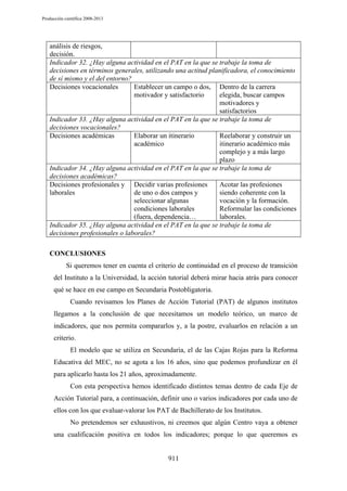Producción científica 2008-2013

análisis de riesgos,
decisión.
Indicador 32. ¿Hay alguna actividad en el PAT en la que se trabaje la toma de
decisiones en términos generales, utilizando una actitud planificadora, el conocimiento
de sí mismo y el del entorno?
Decisiones vocacionales
Establecer un campo o dos, Dentro de la carrera
motivador y satisfactorio
elegida, buscar campos
motivadores y
satisfactorios
Indicador 33. ¿Hay alguna actividad en el PAT en la que se trabaje la toma de
decisiones vocacionales?
Decisiones académicas
Elaborar un itinerario
Reelaborar y construir un
académico
itinerario académico más
complejo y a más largo
plazo
Indicador 34. ¿Hay alguna actividad en el PAT en la que se trabaje la toma de
decisiones académicas?
Decisiones profesionales y Decidir varias profesiones
Acotar las profesiones
laborales
de uno o dos campos y
siendo coherente con la
seleccionar algunas
vocación y la formación.
condiciones laborales
Reformular las condiciones
(fuera, dependencia…
laborales.
Indicador 35. ¿Hay alguna actividad en el PAT en la que se trabaje la toma de
decisiones profesionales o laborales?
CONCLUSIONES
Si queremos tener en cuenta el criterio de continuidad en el proceso de transición
del Instituto a la Universidad, la acción tutorial deberá mirar hacia atrás para conocer
qué se hace en ese campo en Secundaria Postobligatoria.
Cuando revisamos los Planes de Acción Tutorial (PAT) de algunos institutos
llegamos a la conclusión de que necesitamos un modelo teórico, un marco de
indicadores, que nos permita compararlos y, a la postre, evaluarlos en relación a un
criterio.
El modelo que se utiliza en Secundaria, el de las Cajas Rojas para la Reforma
Educativa del MEC, no se agota a los 16 años, sino que podemos profundizar en él
para aplicarlo hasta los 21 años, aproximadamente.
Con esta perspectiva hemos identificado distintos temas dentro de cada Eje de
Acción Tutorial para, a continuación, definir uno o varios indicadores por cada uno de
ellos con los que evaluar-valorar los PAT de Bachillerato de los Institutos.
No pretendemos ser exhaustivos, ni creemos que algún Centro vaya a obtener
una cualificación positiva en todos los indicadores; porque lo que queremos es

911

 