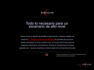 04
Todo lo necesario para un
escenario de alto nivel
Somos únicos en alquiler de pantallas de gran tamaño, nuestras medidas van
desde los 3 y hasta los 20 metros de largo en pantallas de proyección.
Nuestra tecnología es única y propia lo que nos ha permitido formar parte de
Congresos, Seminarios, Convenciones, Simposios, Conferencias & Cocteles
realizados por muchas compañias en toda la región de Centroamérica & Caribe.
Somos especialistas en el Diseño & Realización de
grandes escenarios corporativos.
 