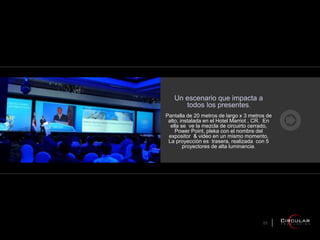 Un escenario que impacta a
todos los presentes.
Pantalla de 20 metros de largo x 3 metros de
alto, instalada en el Hotel Marriot , CR. En
ella se ve la mezcla de circuirto cerrado,
Power Point, pleka con el nombre del
expositor & video en un mismo momento.
La proyección es trasera, realizada con 5
proyectores de alta luminancia.
05
 