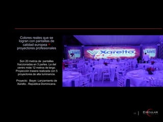 Son 20 metros de pantallas
fraccionadas en 3 partes. La del
centro mide 12 metros de largo.
Proyección trasera realizada con 5
proyectores de alta luminancia.
Proyecto: Bayer. Lanzamiento de
Xarelto . República Dominicana.
Colores reales que se
logran con pantallas de
calidad europea +
proyectores profesionales
06
 