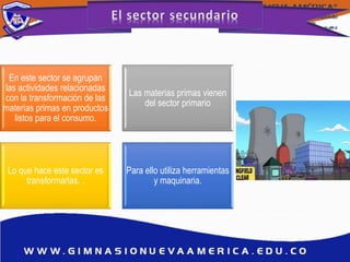 En este sector se agrupan
las actividades relacionadas
con la transformación de las
materias primas en productos
listos para el consumo.
Las materias primas vienen
del sector primario
Lo que hace este sector es
transformarlas. .
Para ello utiliza herramientas
y maquinaria.
 