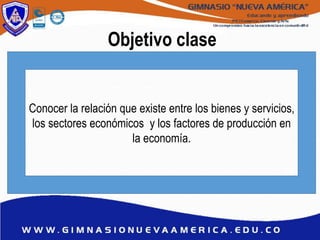 Objetivo clase
Conocer la relación que existe entre los bienes y servicios,
los sectores económicos y los factores de producción en
la economía.
 