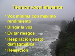 Técnica vocal eficiente Voz mínima con máximo rendimiento Dirigir la voz Evitar riesgos Respiración costo diafragmática Relajación