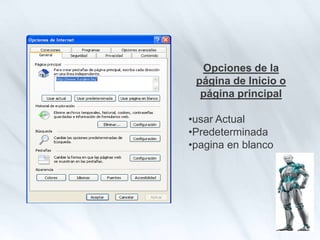 Opciones de la
página de Inicio o
página principal
•usar Actual
•Predeterminada
•pagina en blanco
 