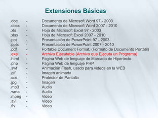 Extensiones Básicas
.doc - Documento de Microsoft Word 97 - 2003
.docx - Documento de Microsoft Word 2007 - 2010
.xls - Hoja de Microsoft Excel 97 - 2003
.xlsx - Hoja de Microsoft Excel 2007 - 2010
.ppt - Presentación de PowerPoint 97 - 2003
.pptx - Presentación de PowerPoint 2007 - 2010
.pdf - Portable Document Format, (Formato de Documento Portátil)
.exe - Archivo Ejecutable (Archivo que Ejecuta un Programa)
.html - Pagina Web de lenguaje de Marcado de Hipertexto
.php - Pagina Web de lenguaje PHP
.swf - Animación Flash, usado para videos en la WEB
.gif - Imagen animada
.scs - Protector de Pantalla
.jpg - Imagen
.mp3 - Audio
.wma - Audio
.mpeg - Video
.avi - Video
.flv - Video
 
