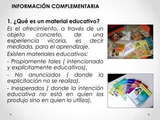 INFORMACIÓN COMPLEMENTARIA
1. ¿Qué es un material educativo?
Es el ofrecimiento, a través de un
objeto concreto, de una
experiencia vicaria, es decir
mediada, para el aprendizaje.
Existen materiales educativos:
- Propiamente tales ( intencionado
y explícitamente educativos).
- No anunciados ( donde la
explicitación no se realiza).
- Inesperados ( donde la intención
educativa no está en quien los
produjo sino en quien lo utiliza).
 