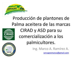 Producción de plantones de
Palma aceitera de las marcas
CIRAD y ASD para su
comercialización a los
palmicultores.
Ing. Marco A. Ramírez A.
servagromarco@gmail.com
 