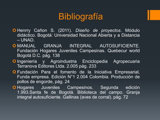 Bibliografía
 Henrry Cañon S. (2011). Diseño de proyectos. Módulo
didáctico. Bogotá: Universidad Nacional Abierta y a Distancia
– UNAD.
 MANUAL GRANJA INTEGRAL AUTOSUFICIENTE.
Fundación Hogares Juveniles Campesinas. Quebecur world
Bogotá D.C. pág. 138
 Ingeniería y Agroindustria Enciclopedia Agropecuaria
Terranova Editores Ltda. 2.005 pág. 233
 Fundación Para el fomento de la Iniciativa Empresarial,
Funda empresa. Edición N°1 2.004 Colombia. Producción de
pollos de engorde, pág. 24
 Hogares Juveniles Campesinos. Segunda edición
1.993.Santa fe de Bogotá. Biblioteca del campo. Granja
integral autosuficiente. Gallinas (aves de corral). pág. 72
 