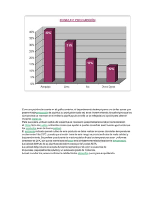 Como se podrán dar cuenta en el gráfico anterior,el departamento de Arequipa es una de las zonas que
posee mayor producción de páprika,su producción cada vez se va incrementando,lo cual origina que los
campesinos se interesen en sembrar la páprika pues en ella se ve reflejada una opción para obtener
mayores ingresos.
Para que exista un buen cultivo de la páprika es necesario:cosecharlas teniendo en consideración
el clima,tipos de suelos,entre otras cosas que ayudan a que las cosechas sean buenas ypor ende que
los productos sean de buena calidad.
El ambiente indicado para el cultivo de este producto se debe realizar en zonas donde las temperaturas
oscilen entre 18 a 25ºC. puesto que si están fuera de este rango se producen frutos de mala calidad y
bajo rendimiento.Se prefiere que durante la madurezde los frutos las temperaturas sean uniformes
alrededor de 25ºC por que la intensidad del color está directamente relacionada con la temperatura.
La calidad del fruto de ají páprika está determinada por la Unidad ASTA.
La calidad del producto está dada fundamentalmente por el color,la ausencia de
Impurezas (especialmente polvillo) y un adecuado grado de molienda.
A nivel mundial los países controlan la calidad de los alimentos que ingiere su población.
 