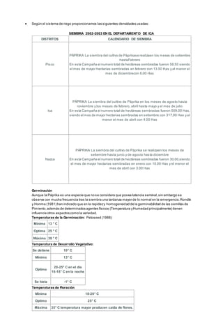  Según el sistema de riego proporcionamos las siguientes densidades usadas:
SIEMBRA 2002-2003 EN EL DEPARTAMENTO DE ICA
DISTRITOS CALENDARIO DE SIEMBRA
Pisco
PÁPRIKA La siembra del cultivo de Páprikase realizaen los meses de setiembre
hastaFebrero
En esta Campaña el numero total de hectáreas sembradas fueron 58.50 siendo
el mes de mayor hectarias sembradas en febrero con 13.50 Has y el menor el
mes de diciembrecon 6.00 Has
Ica
PÁPRIKA La siembra del cultivo de Páprika en los meses de agosto hasta
noviembre y los meses de febrero, abril hasta mayo y el mes de julio
En esta Campaña el numero total de hectáreas sembradas fueron 509.00 Has,
siendo el mes de mayor hectarias sembradas en setiembre con 317.00 Has y el
menor el mes de abril con 4.00 Has
Nazca
PÁPRIKA La siembra del cultivo de Páprika se realizaen los meses de
setiembre hasta junio y de agosto hasta diciembre
En esta Campaña el numero total de hectáreas sembradas fueron 30.00,siendo
el mes de mayor hectarias sembradas en enero con 10.00 Has y el menor el
mes de abril con 3.00 Has
Germinación
Aunque la Páprika es una especie que no se considera que posea latencia seminal,sin embargo se
observa con mucha frecuencia tras la siembra una tardanza mayor de lo normal en la emergencia.Rondle
y Honma (1981) han indicado que en la rapidezy homogeneidad de la germinabilidad de las semillas de
Pimiento,además de determinados agentes físicos (Temperatura yHumedad principalmente) tienen
influencia otros aspectos como la variedad.
Temperaturas de la Germinación: Petoseed (1988)
Mínima 13 ° C
Optima 25 ° C
Máxima 38 ° C
Temperatura de Desarrollo Vegetativo:
Se detiene 10° C
Mínimo 13° C
Optimo
20-25° C en el día
16-18° C en la noche
Se hiela -1° C
Temperaturas de Floración
Mínima 18-20° C
Optimo 25° C
Máxima 35° C temperatura mayor producen caída de flores.
 