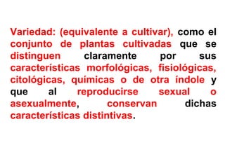 Variedad: (equivalente a cultivar), como el
conjunto de plantas cultivadas que se
distinguen claramente por sus
características morfológicas, fisiológicas,
citológicas, químicas o de otra índole y
que al reproducirse sexual o
asexualmente, conservan dichas
características distintivas.
 