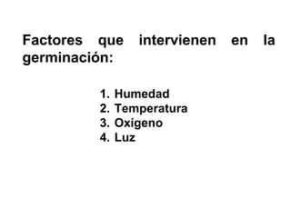 Factores que intervienen en la
germinación:
1. Humedad
2. Temperatura
3. Oxígeno
4. Luz
 