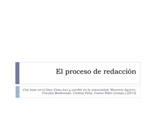 El proceso de redacción
Con base en el libro Cómo leer y escribir en la universidad, Mauricio Aguirre,
Claudia Maldonado, Cinthia Peña, Carlos Rider (comps.) (2015)
 